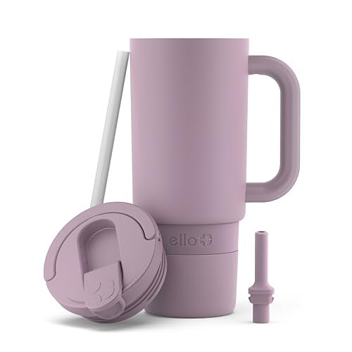 Ello Port 30oz Tumbler with Carry Loop & Integrated Handle | Vacuum Insulated Stainless Steel Reusable Water Bottle Travel Mug | Leak Proof Lid | Flexible Straw | BPA-Free | Dishwasher Safe | Mauve