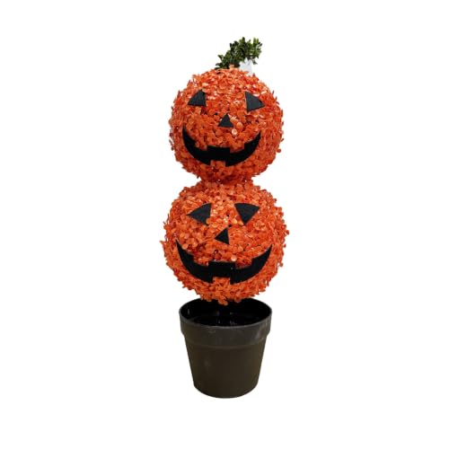 Artificial Pumpkin Topiary Tree - Potted Faux Boxwood Fall Decor, Halloween & Thanksgiving Ornament (Variation A)