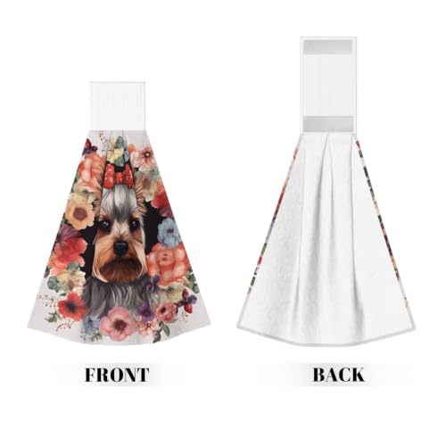 2pcs Absorbent Hanging Kitchen Hand Towels with Loop - Yorkie Floral Pattern