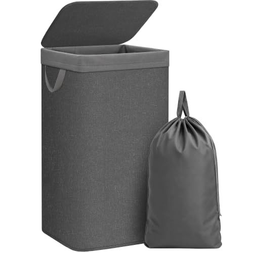 Laundry Hamper with Metal Frame and Lid - Tall Storage Baskets, Black, 90L