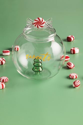 Christmas Glass Cookie Jar with Glass Tree and Peppermint Handle - Holiday Decor