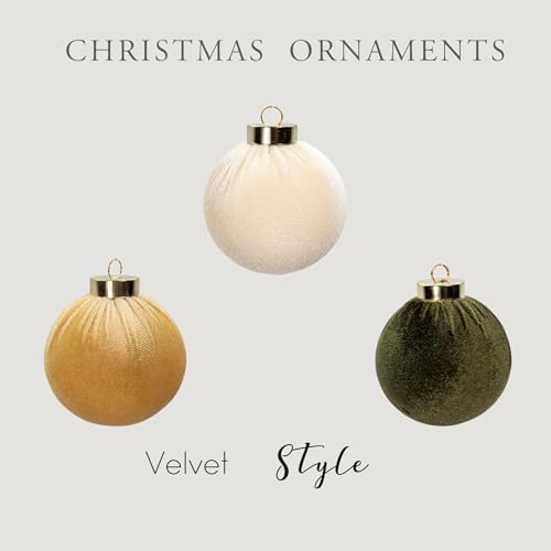 Velvet Christmas Ornaments Set - Large Flocked Shatterproof Baubles in Gold, Green, White, 3 Inch / 8 cm