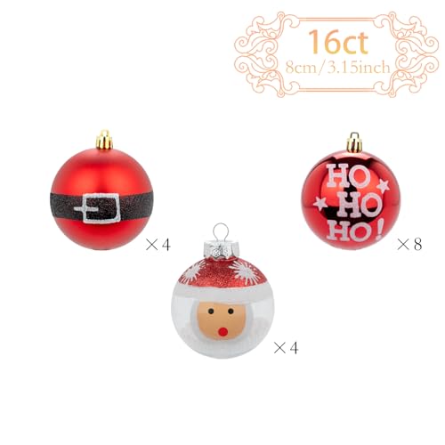 Red Christmas Tree Ornaments Set - 16 Shatterproof Red & White Baubles, 80mm