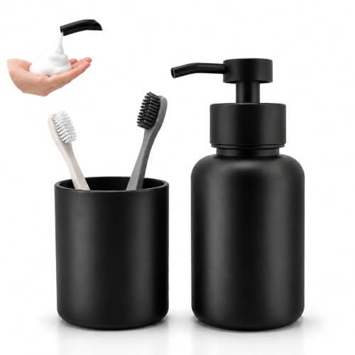 Matte Black Glass Soap Dispenser and Toothbrush Cup Set - Stable, Stylish Bathroom Accessory