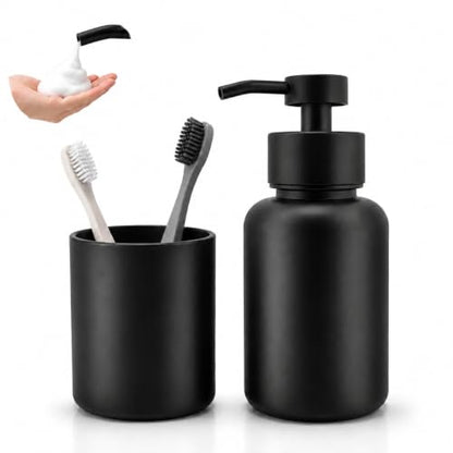 Matte Black Glass Soap Dispenser and Toothbrush Cup Set - Stable, Stylish Bathroom Accessory