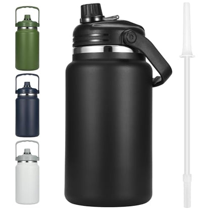 Olerd 135oz/1 Gallon Coffee Insulated Thermoses for Travel - Large Insulated Water Jug Classic Vacuum Bottle with Straw - 4.0L Stainless Steel Ice buckets for Hiking Fishing（Black）