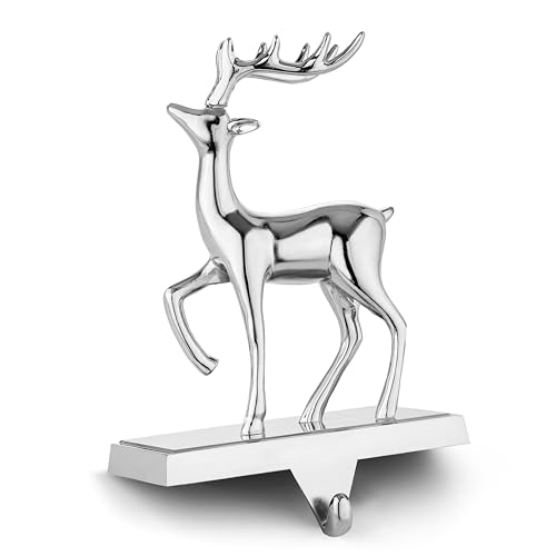 Reindeer Stocking Hangers Set of 2 - Metal Silver Christmas Mantel Hooks