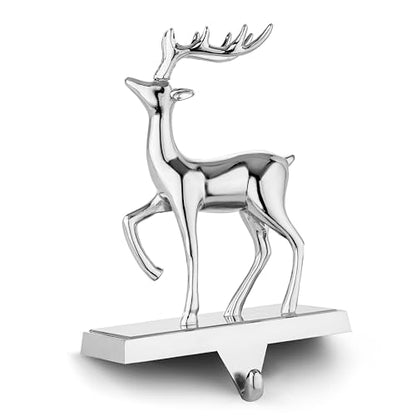 Reindeer Stocking Hangers Set of 2 - Metal Silver Christmas Mantel Hooks