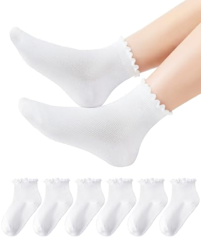 Girls Socks Ruffle Cotton School Uniform Ankle Crew - 4-6 Years, White
