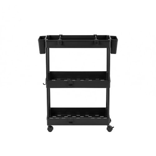 VECELO 3-Tier Slim Rolling Storage Cart with Dividers & Hooks - Black