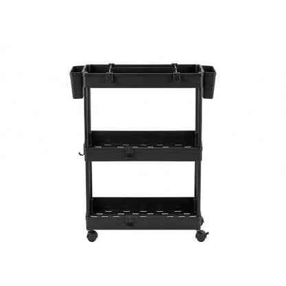 VECELO 3-Tier Slim Rolling Storage Cart with Dividers & Hooks - Black