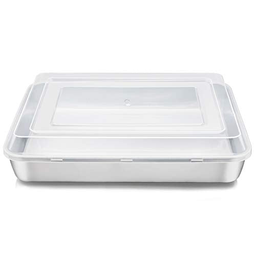 E-far Stainless Steel Baking Pan with Lid, 12⅓ x 9¾ x 2 Inch Rectangle Sheet Cake Pans with Covers Bakeware for Cakes Brownies Casseroles, Non-toxic & Healthy, Heavy Duty & Dishwasher Safe