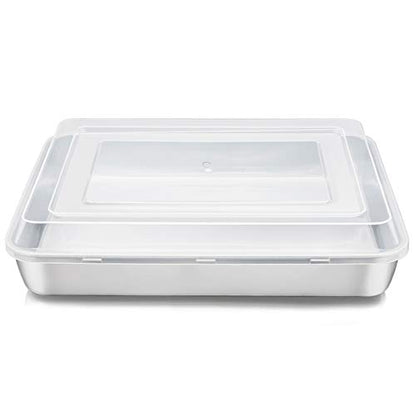 E-far Stainless Steel Baking Pan with Lid, 12⅓ x 9¾ x 2 Inch Rectangle Sheet Cake Pans with Covers Bakeware for Cakes Brownies Casseroles, Non-toxic & Healthy, Heavy Duty & Dishwasher Safe