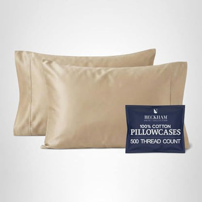 Beckham Hotel Collection Pillowcases Queen Size Set of 2, Cool Touch Cotton Sateen Fabric, 500TC, Silky Smooth & Soft, Open End, Sand