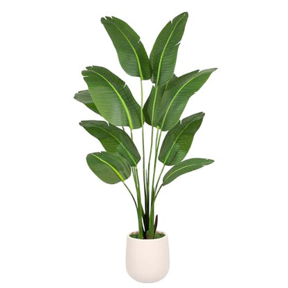 Bird of Paradise Artificial Plant 5ft Tall with White Planter - Fake Tropical Tree for Indoor Decor