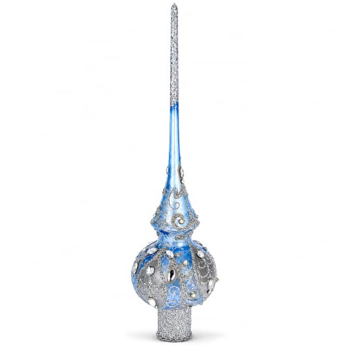 Ornate Blue Silver Glass Christmas Tree Topper with Hand-Painted Details