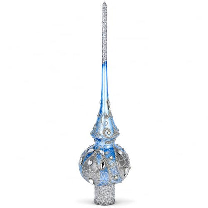 Ornate Blue Silver Glass Christmas Tree Topper with Hand-Painted Details