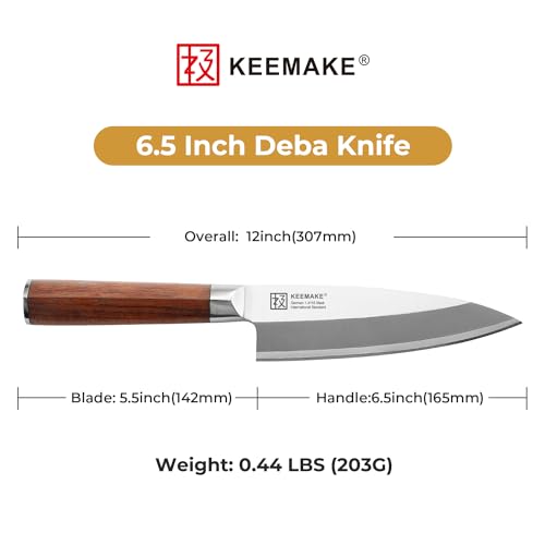 KEEMAKE Deba Knife 6.5 inches, Chef Knife Single Bevel High Carbon Stainless Steel 1.4116 Japanese Style Kitchen Knife for Fish and Meat with Rosewood Handle Chopping Knife with Gift Box