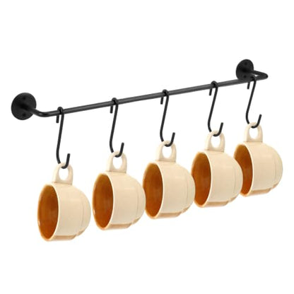 Wall Mounted Coffee Mug Holder Rack with 5 Hooks - Black Metal Kitchen Organizer - Variation 1