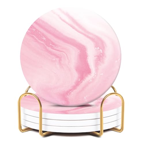 Pink Absorbent Ceramic Coasters Set of 4 with Gold Holder for Drinks