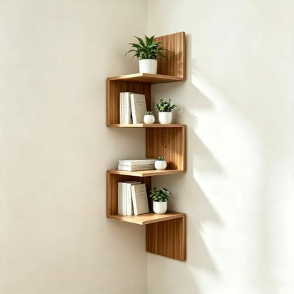 Premium Bamboo Corner Wall Shelf 4-Tier Floating Corner Shelving Unit