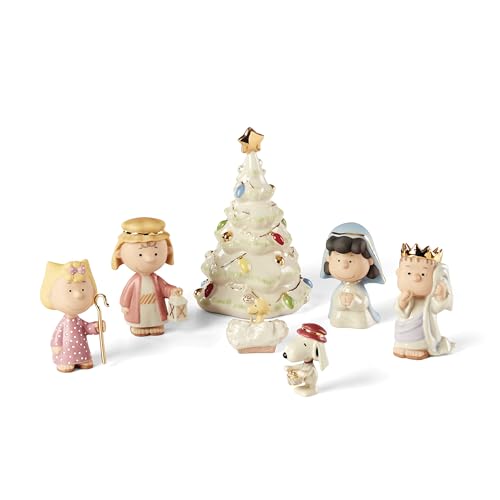 Lenox Peanuts 7-Piece Christmas Figurine Set - Holiday Nativity Scene with Peanuts Characters & Gold Accents