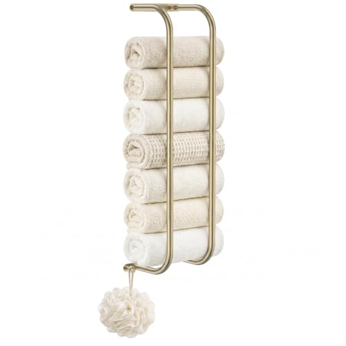 Wall Mounted Towel Rack with Hooks - Brushed Gold Finish for Bathroom
