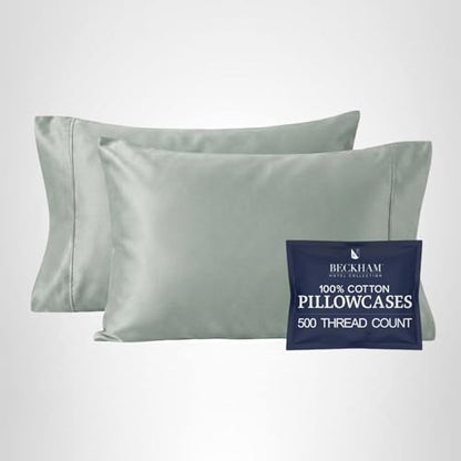 Beckham Hotel Collection Pillowcases Queen Size Set of 2, Cool Touch Cotton Sateen Fabric, 500TC, Silky Smooth & Soft, Open End, Aqua Gray