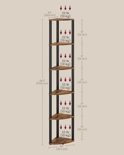 Corner Shelf with 6 Tiers - Rustic Brown, Toolless Assembly, 15.1"D x 10.6"W