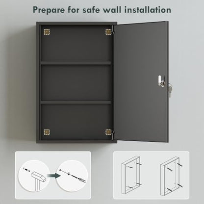 Steel Wall Mount Medicine Cabinet 3-Tier Lockable Bathroom Storage Black