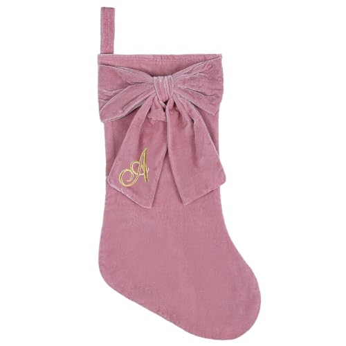 Pink Velvet Christmas Stockings with Elegant Bow - Personalized Monogram, 19 Inch, Family Holiday Decor (Variation: Pink / Letter A)