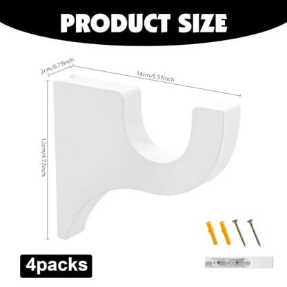 White Curtain Rod Holders Pack of 4 - 3-1/2 Inch Wooden Brackets for 2 Inch Poles
