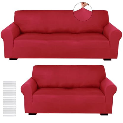 Peryiter Couch and Loveseat Sofa Covers Set - Xmas Red Milk Silk, Non Slip, Elastic