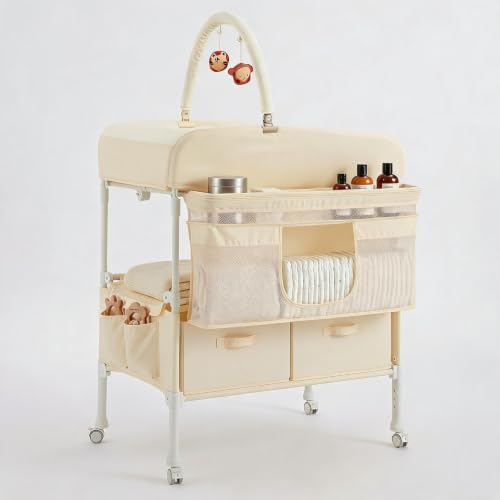 Foldable Baby Changing Table with Storage, Waterproof Top & Portable Design
