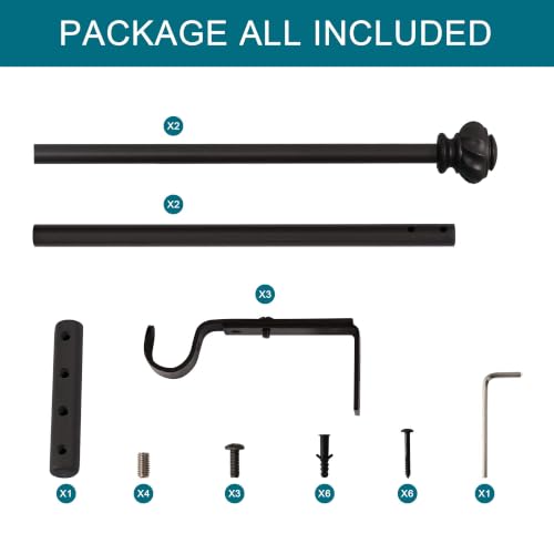 Turquoize 2-Pack Adjustable Curtain Rod Set for Single Windows - Matte Black, 30-48 Inches with Finials