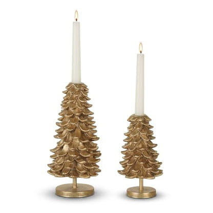 Christmas Taper Candle Holders Set of 2 - Gold Pine Cone Decor for Holiday