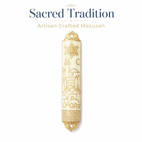 Enamel Mezuzah with Scroll for Door - Jerusalem Skyline Gold Embossed Design