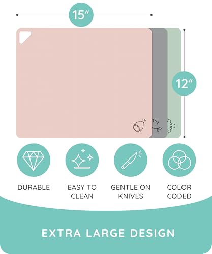 Flexible Plastic Cutting Board Set of 3 - Non-Slip, BPA-Free, Color-Coded, 15x12 Inches - Pink, Green, Gray