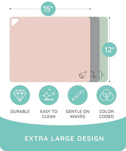 Flexible Plastic Cutting Board Set of 3 - Non-Slip, BPA-Free, Color-Coded, 15x12 Inches - Pink, Green, Gray