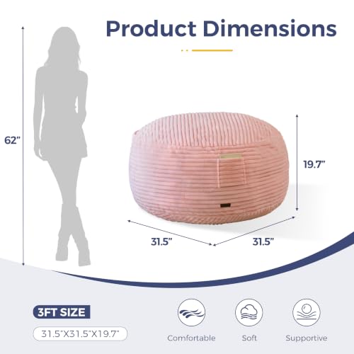 Pink Striped Bean Bag Chair with Removable Cover - 3FT Lounge Sofa