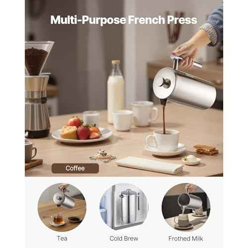 VEVOR French Press Coffee Maker, 51 Ounce 1.5 Liter Stainless Steel Coffee Press Tea Maker with Filter, Large Double Wall Insulated French Presses Cold Brew for Camping Travel Home Kitchen, Silver