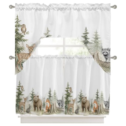 Forest Green Bear Deer Fox Rabbit 3-Piece Swag Kitchen Curtain Set - Rustic Animal Window Valances & Tiers