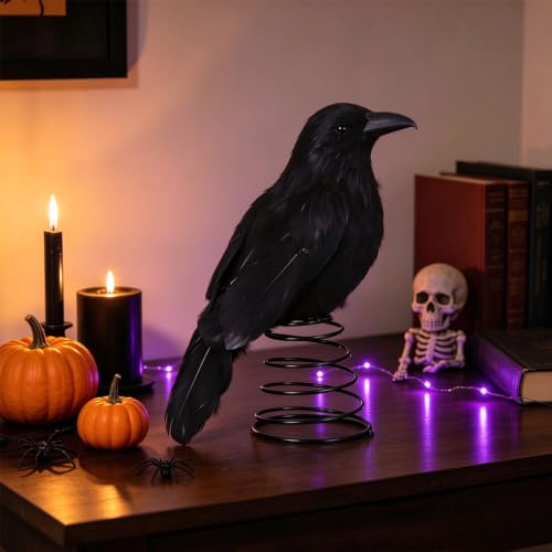 Halloween Black Crow Tree Topper with Feather Design and Metal Spring Base