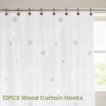 Wood Shower Curtain Hooks - Natural Beads Bathroom Rings - Brown 12 Pack