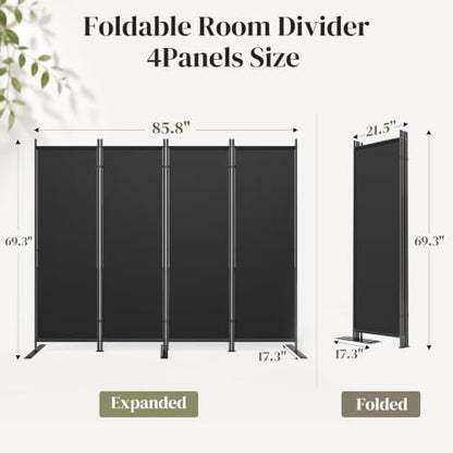 Black 4-Panel Room Divider, 6FT Tall Folding Privacy Screen, Freestanding