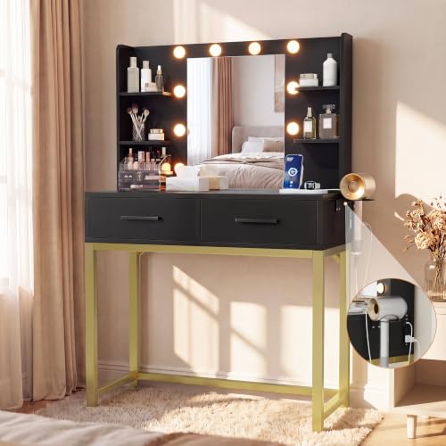 YESHOMY 31.5'' Small Vanity Desk with LED Mirror, Black - 3-Mode Lighting, Built-in USB/ outlets