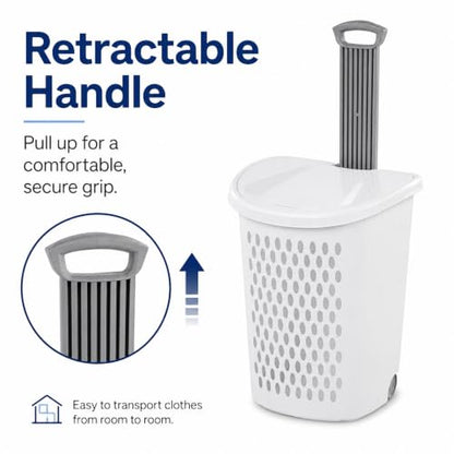 135L White Wheeled Plastic Laundry Hamper with Lid - Large Capacity, Portable