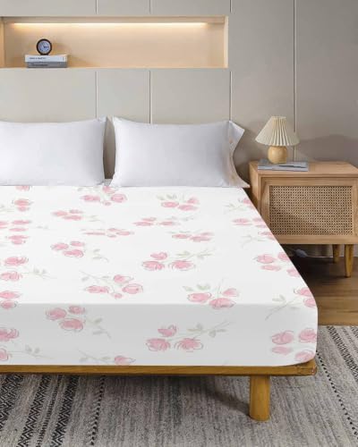 Full Size Pink Flowers Microfiber Flat Sheet - Spring Floral Bed Linen, 81x96, Easy Care, Farmhouse Style