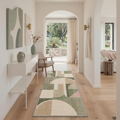 Sage Beige 8x10 Washable Area Rug - Mid Century Modern Green Abstract Rug for Bedroom