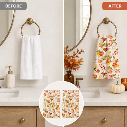 Autumn Hand Towels Set of 2 - Pumpkin and Maple Leaf Rustic Design, Orange Yellow
